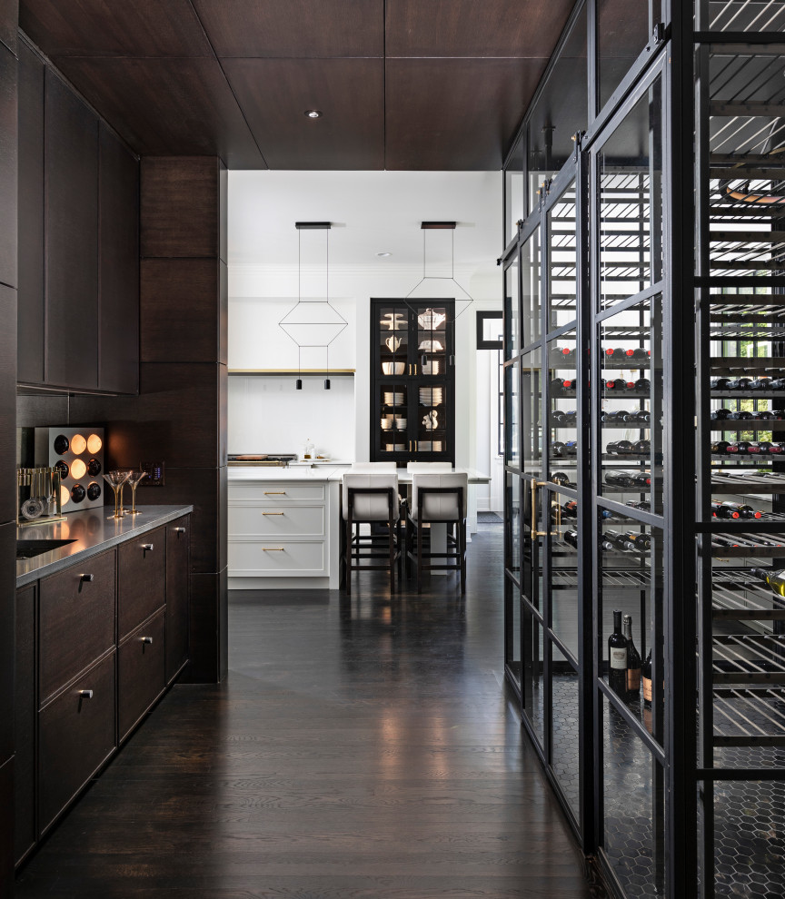 This is an example of a large contemporary wine cellar in Detroit with storage racks, porcelain floors and black floor.