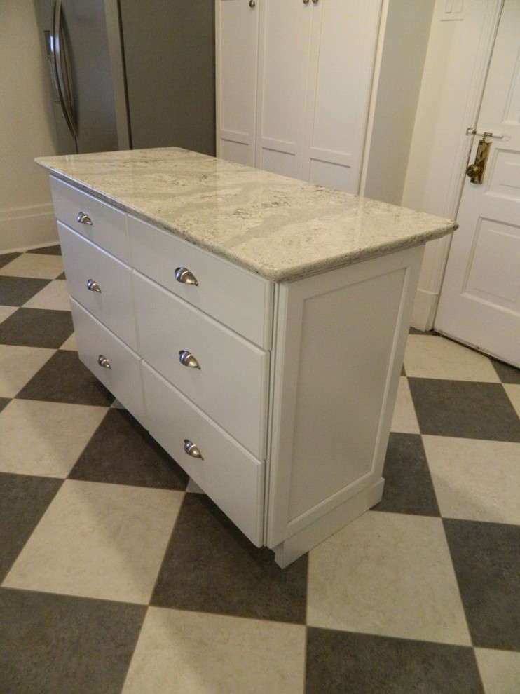 Inspiration for a transitional enclosed kitchen remodel in Toronto with an undermount sink, recessed-panel cabinets, quartz countertops, white backsplash, ceramic backsplash, stainless steel appliances and an island