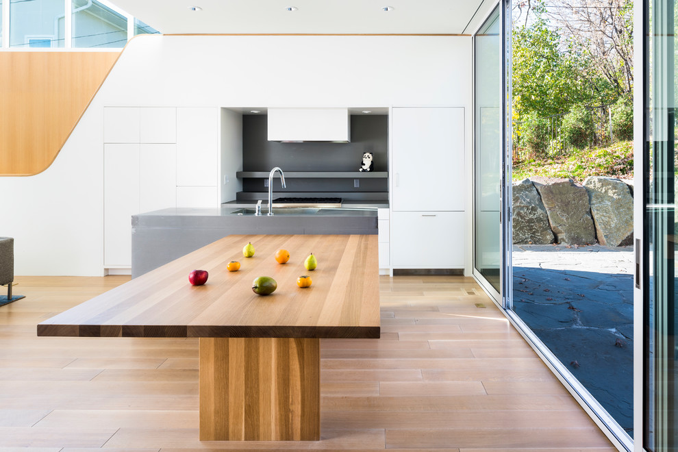 This is an example of an expansive modern single-wall eat-in kitchen in Minneapolis with an integrated sink, flat-panel cabinets, white cabinets, zinc benchtops, grey splashback, panelled appliances, light hardwood floors and with island.