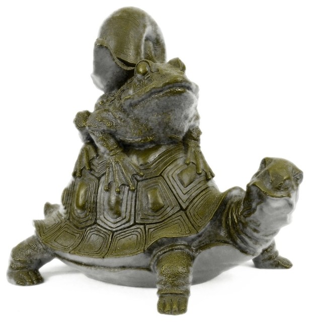 Frog On Turtle W/ Snail Collectible Garden Decoration Figurine Bronze Statue Art