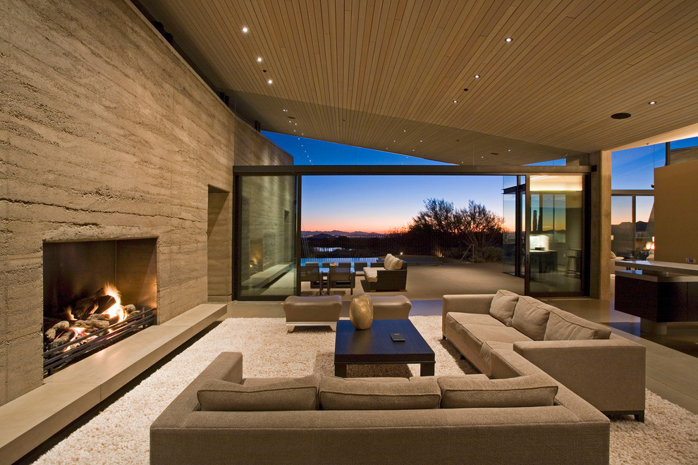 Design ideas for a contemporary formal open concept living room in Los Angeles with a ribbon fireplace.