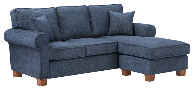 Rylee Rolled Arm Sectional, Navy Fabric With Pillows and Coffee Legs