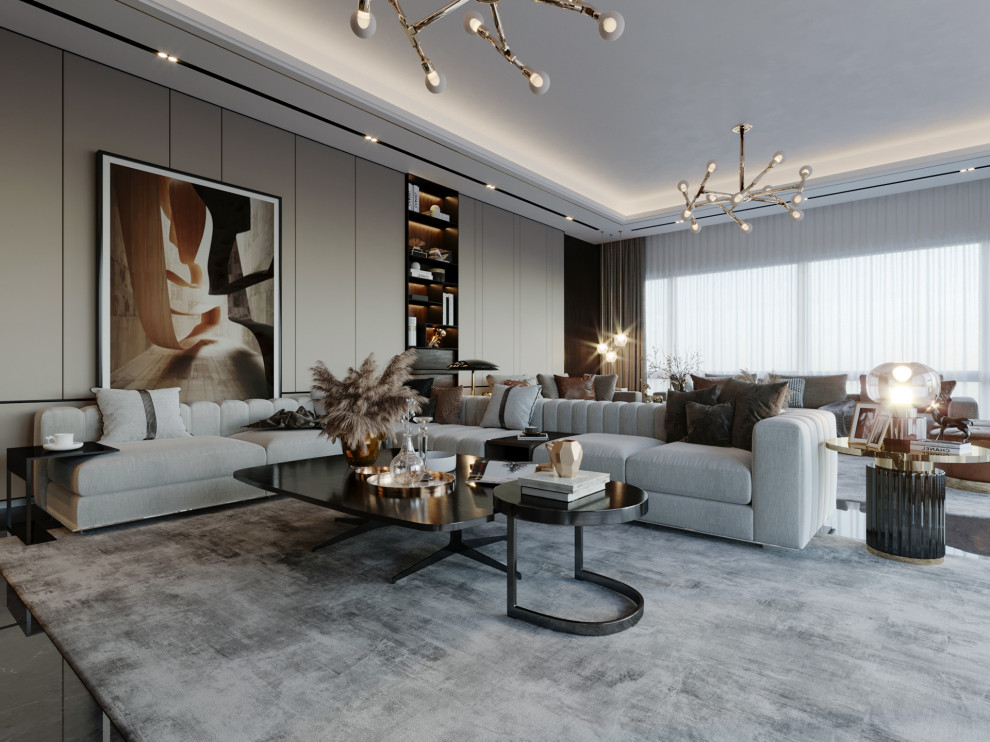 Esempio di un grande soggiorno design con sala formale, pareti beige, pavimento in marmo, nessun camino, TV nascosta, pavimento nero, soffitto ribassato e pannellatura