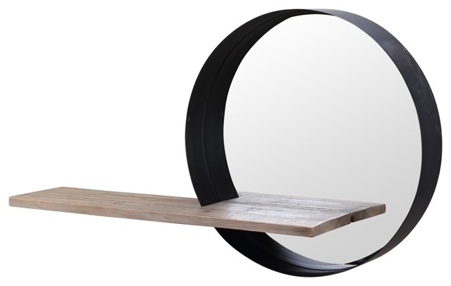 Wooden Shelf Round Black Iron Frame, Wood Framed Wall Mirror With Shelf