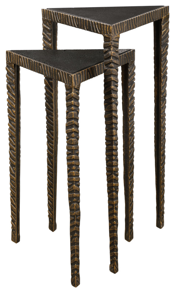 Triangular Bronze Iron Accent Table Nesting Black Lava Top Ribbed, 2-Piece Set