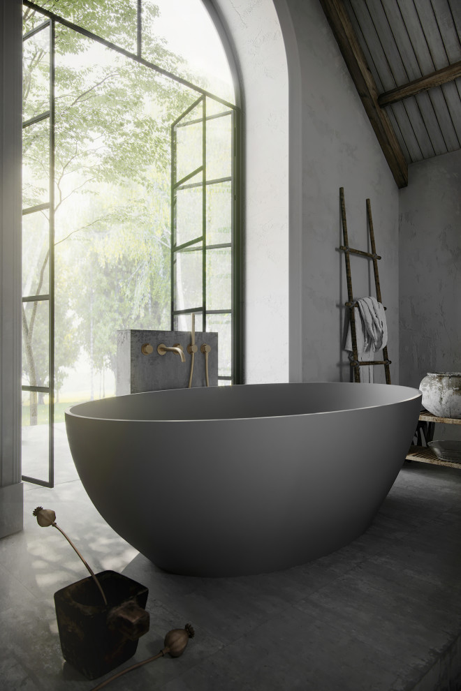 Contemporary master bathroom in London with flat-panel cabinets, a freestanding tub, a double shower, grey walls, concrete floors, a wall-mount sink, grey floor and an open shower.