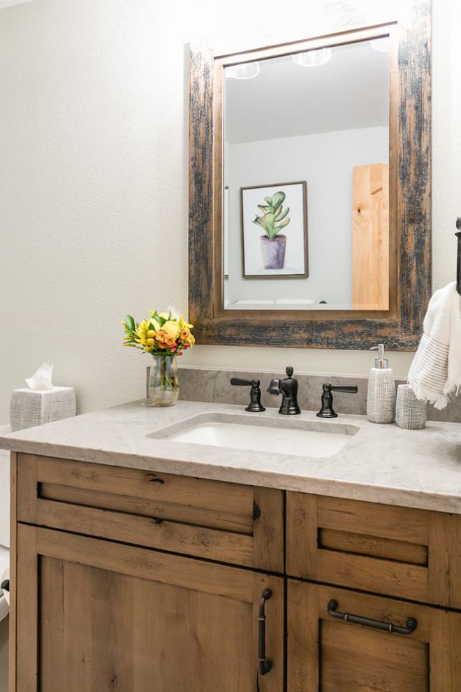 This is an example of a mid-sized contemporary master bathroom in Santa Barbara with shaker cabinets, grey cabinets, a drop-in tub and a single vanity.