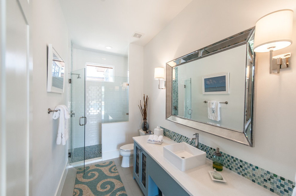 Design ideas for a transitional bathroom in Austin with subway tile and a vessel sink.