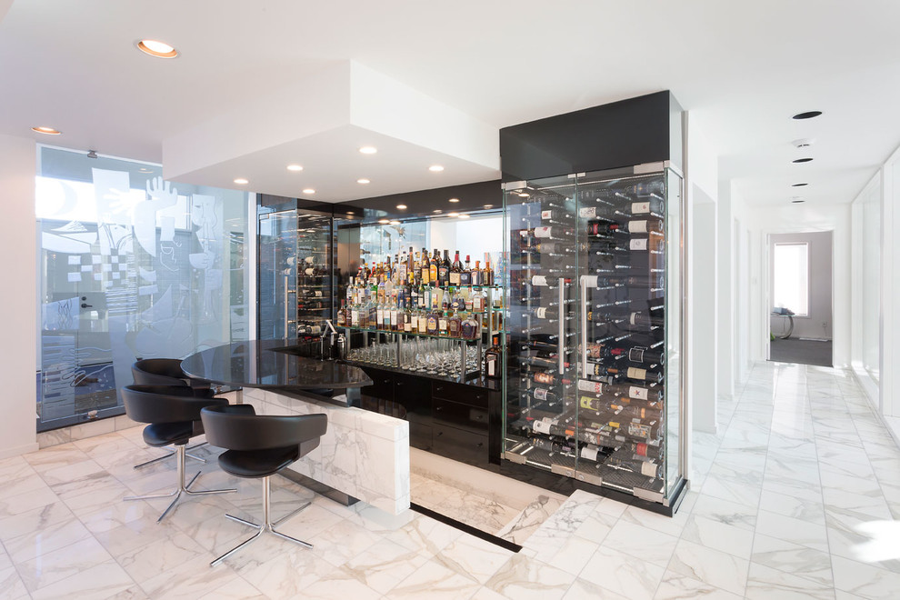Inspiration for a large modern wine cellar in Other with marble floors, display racks and white floor.