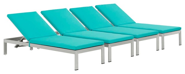 Modway Shore Aluminum Patio Chaise Lounge in Silver and Turquoise (Set of 4)