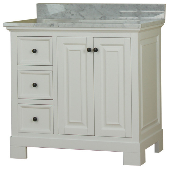 36 in Single Bathroom Vanity in White with Carrera Marble Top and No ...