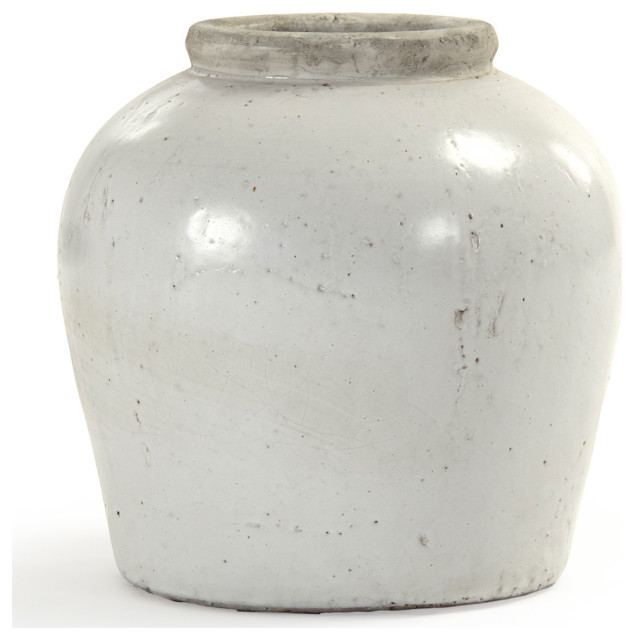 Distressed Terracotta Vase, Glazed, Offwhite, Small Farmhouse