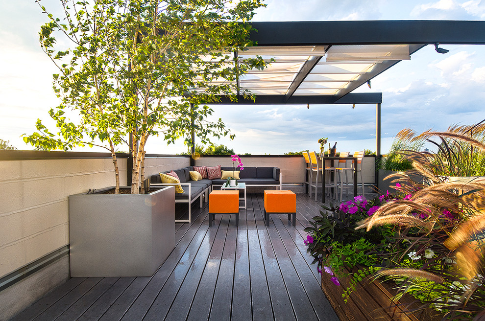 Contemporary rooftop and rooftop deck in Chicago with a pergola.