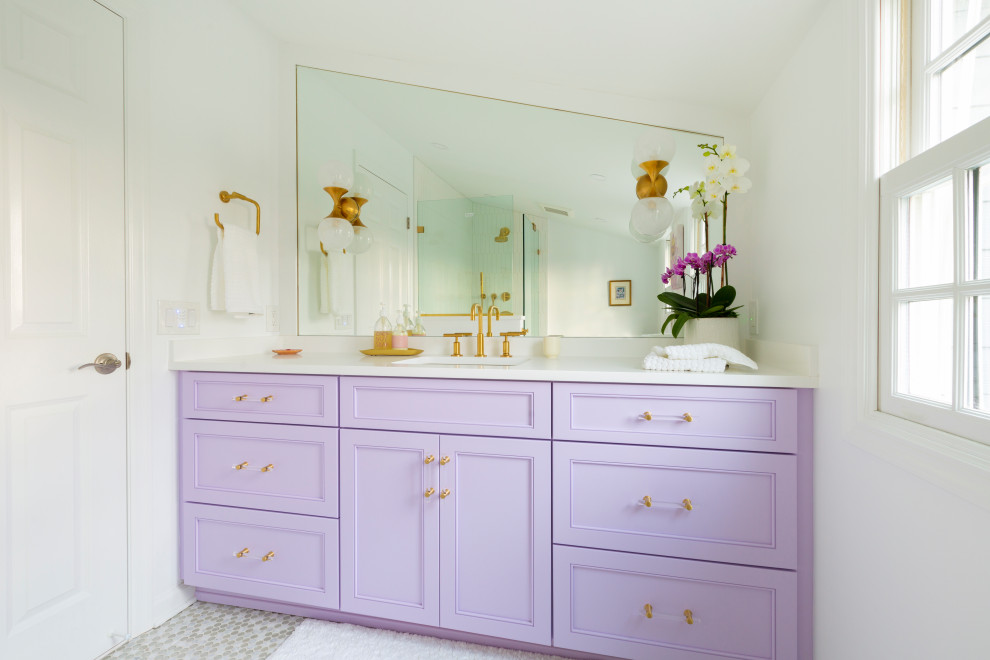 Mid-sized transitional kids bathroom in New York with shaker cabinets, purple cabinets, an undermount tub, a shower/bathtub combo, a two-piece toilet, white tile, porcelain tile, white walls, mosaic tile floors, an undermount sink, engineered quartz benchtops, grey floor, an open shower, white benchtops, a niche, a single vanity and a built-in vanity.