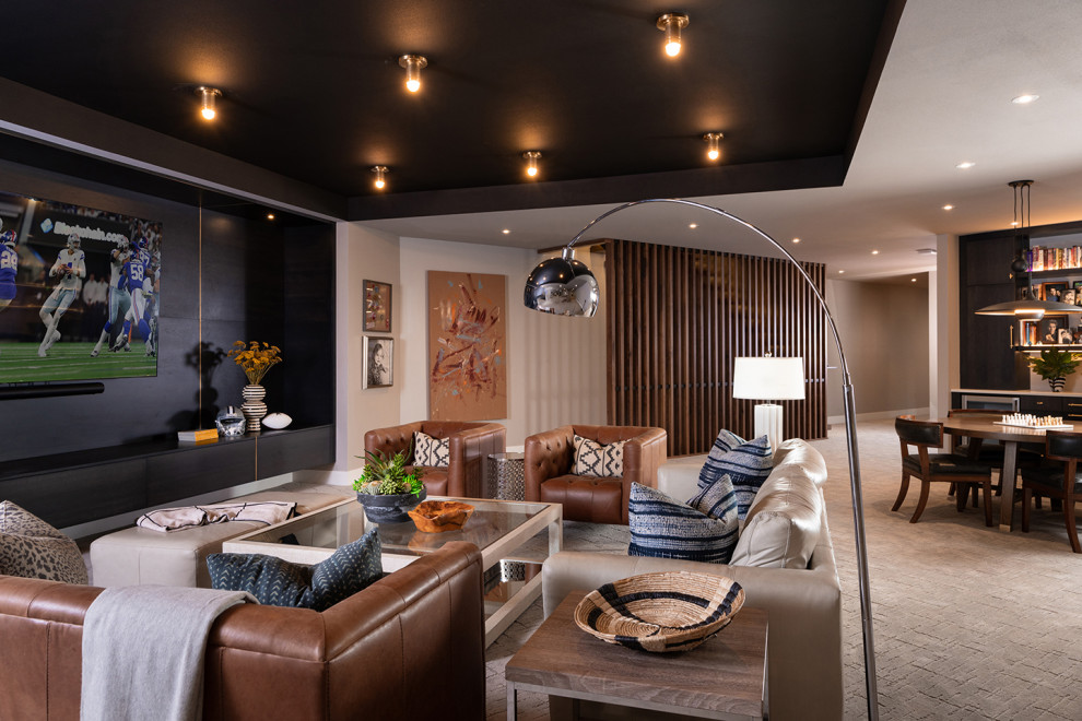 Large transitional underground carpeted basement photo