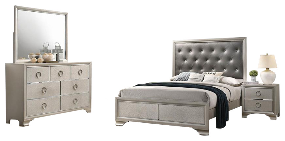 4 Piece Bedroom Set, Metallic Sterling And Charcoal Gray