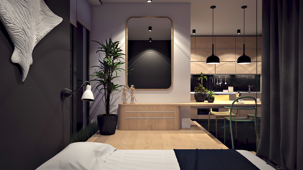 Inspiration for a contemporary master bedroom in Other with grey walls and plywood floors.