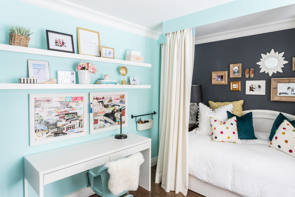 Design ideas for a traditional teen room for girls in Montreal with blue walls and dark hardwood floors.