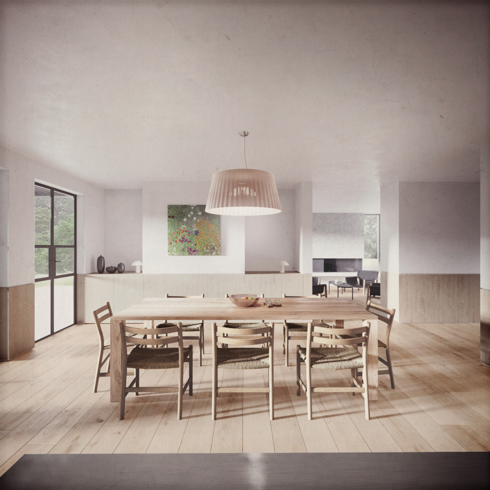 Cette photo montre une grande salle à manger ouverte sur la cuisine tendance avec un mur blanc, parquet clair, cheminée suspendue, un manteau de cheminée en béton, un sol beige, un plafond décaissé et du lambris.