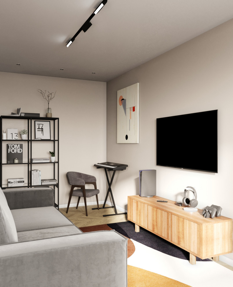 На фото: гостиная комната среднего размера в современном стиле с музыкальной комнатой, бежевыми стенами, светлым паркетным полом, телевизором на стене, зоной отдыха, бежевым полом и ковром на полу без камина