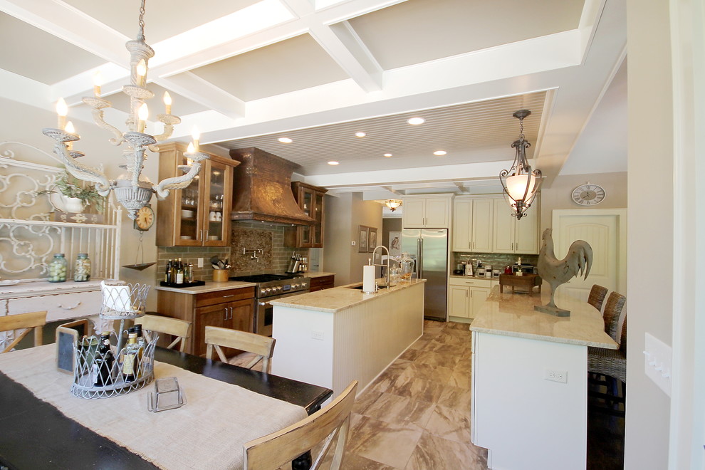 Transitional medium tone wood floor open concept kitchen photo with an undermount sink, flat-panel cabinets, light wood cabinets, granite countertops, beige backsplash, ceramic backsplash, stainless steel appliances and two islands