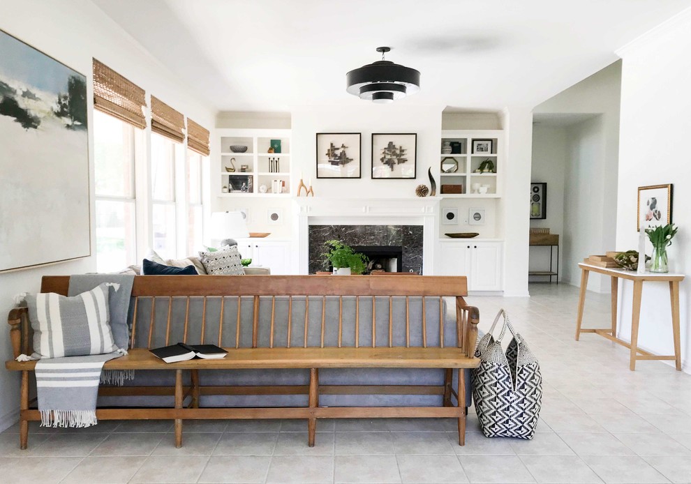 Example of a large transitional formal and open concept porcelain tile and beige floor living room design in Dallas with white walls, a standard fireplace and a stone fireplace