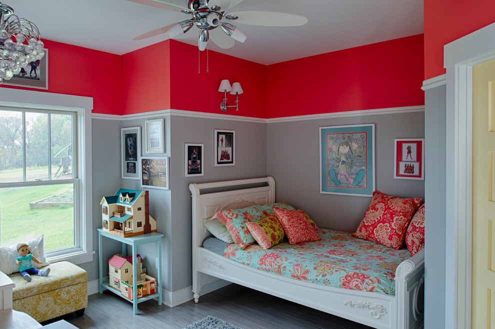 Bedroom transitional girl kids' bedroom photo in Minneapolis with gray walls
