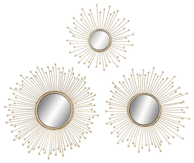 Set Of 3 Gold Metal Glam Wall Mirror, Round Mirror Wall Decor Set