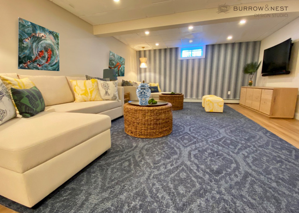 Beach style basement in Providence with blue walls, vinyl floors, beige floor and wallpaper.