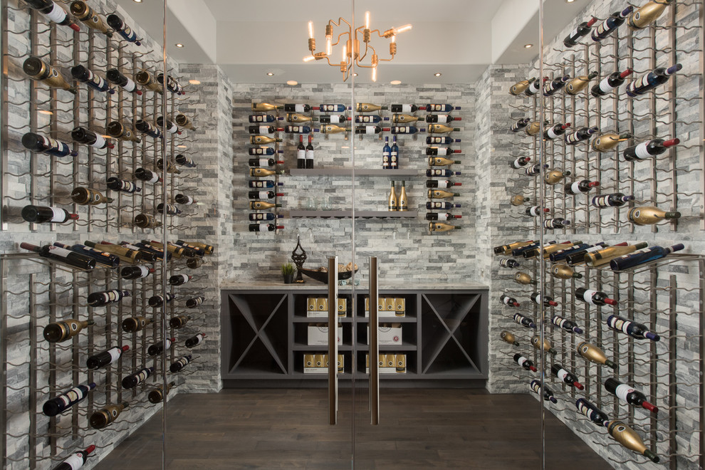 Inspiration for a large transitional wine cellar in Chicago with dark hardwood floors and brown floor.