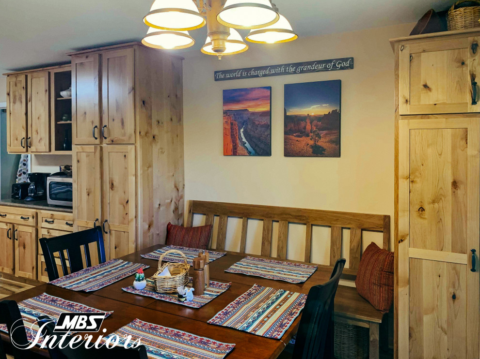 Inspiration for a mid-sized rustic l-shaped light wood floor and beige floor eat-in kitchen remodel with a drop-in sink, shaker cabinets, light wood cabinets, laminate countertops, multicolored backsplash, stone tile backsplash, white appliances, no island and brown countertops