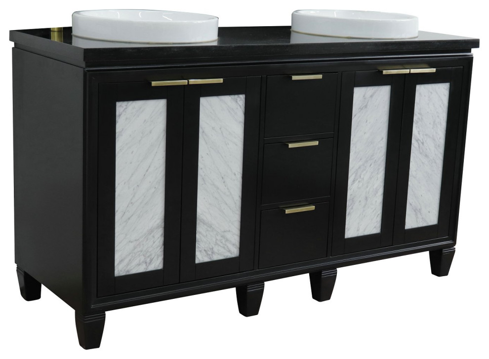 61" Double Sink Vanity, Black Finish With Black Galaxy Granite And