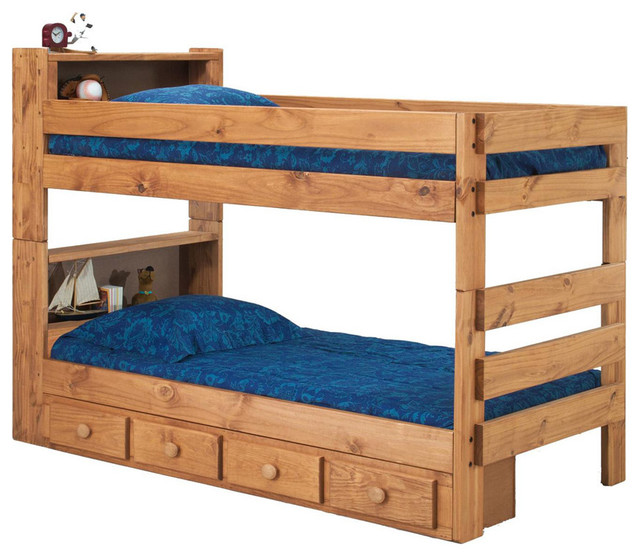 Twin Over Twin Bookcase Bunk Bed in Mahogany Stain