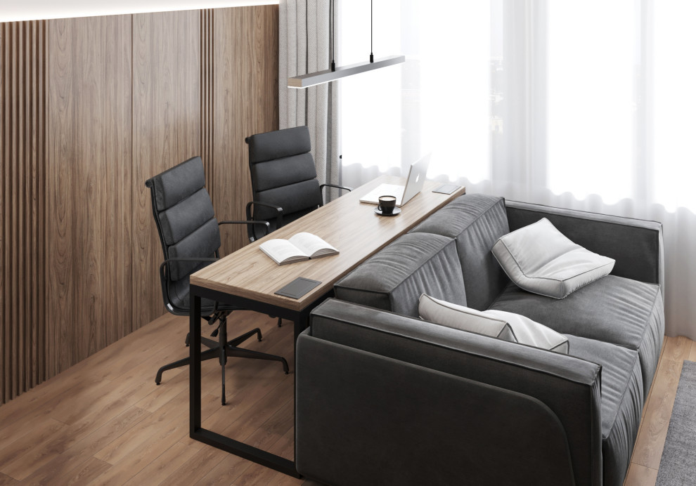 Foto di un ufficio scandinavo di medie dimensioni con pavimento in legno massello medio, scrivania autoportante e pavimento marrone