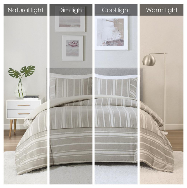 3 Piece Striped Herringbone Oversized Duvet Cover Set Full/Queen, Taupe