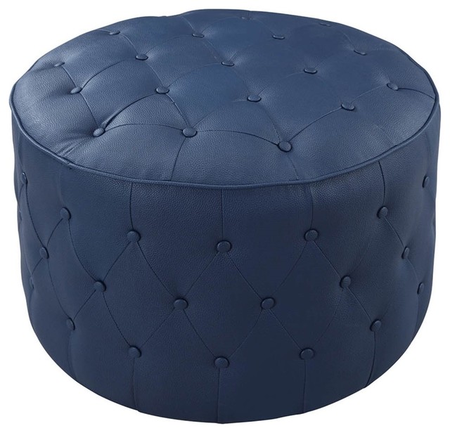 Marley PU Leather Button Tufted Round Pouf Ottoman Transitional