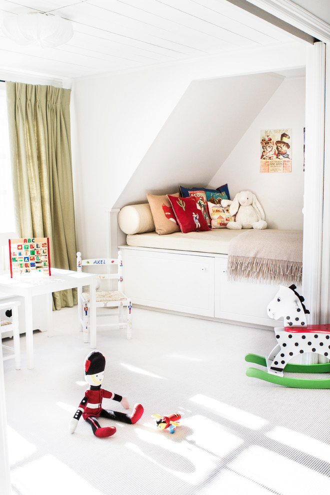Scandinavian gender-neutral kids' bedroom in London with white walls and carpet.