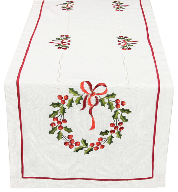 Country Wreath Embroidered Hemstitch Christmas Table Runner, 16"x36"