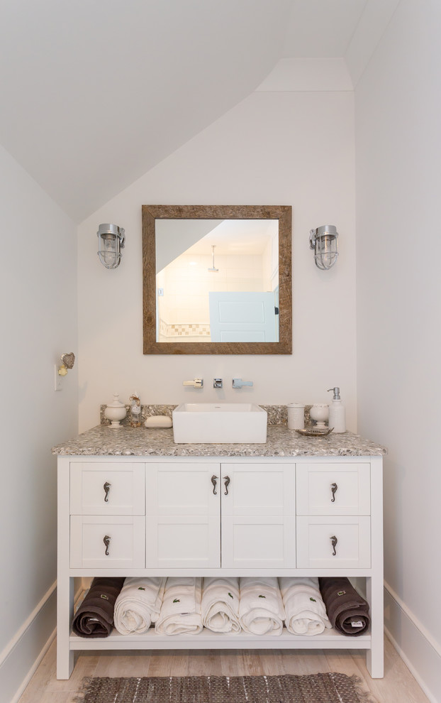 Photo of a small beach style 3/4 bathroom in Charleston with furniture-like cabinets, white cabinets, white walls, cement tiles, a pedestal sink, terrazzo benchtops, beige floor and multi-coloured benchtops.
