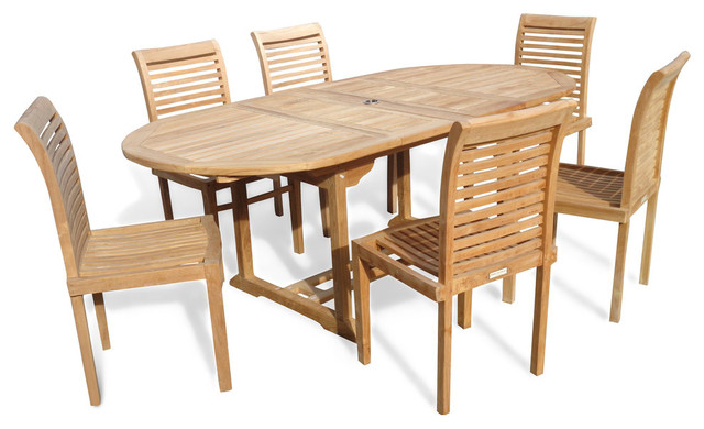 Grade A Teak, 82", Oval Extension Table , 6 Designer Stacking Chairs