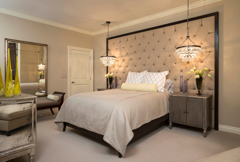 Inspiration for a large contemporary guest bedroom in Detroit with beige walls and carpet.