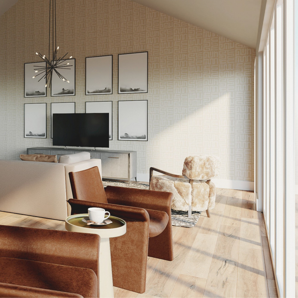 Idée de décoration pour un grand salon mansardé ou avec mezzanine minimaliste avec un mur beige, parquet clair, un plafond voûté et du papier peint.