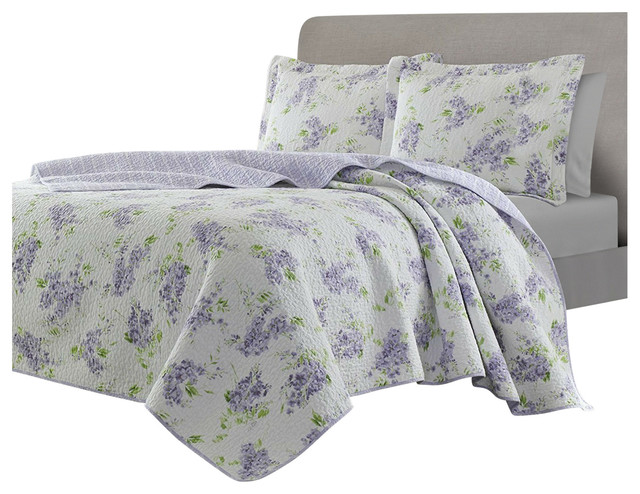 King Size 3 Piece Cotton Quilt Set With Purple White Floral