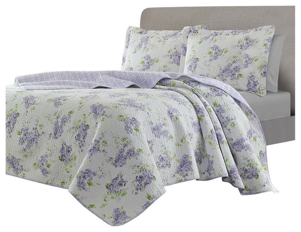 King Size 3 Piece Cotton Quilt Set With, Purple And Gray King Size Bedding