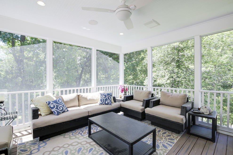 Photo of a large contemporary backyard screened-in verandah in DC Metro with decking and a roof extension.