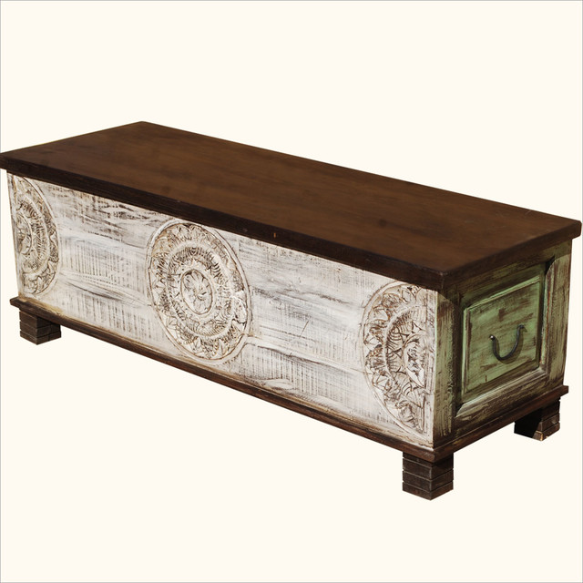 Mediterranean Hand Carved Painted Coffee Table Chest w Legs
