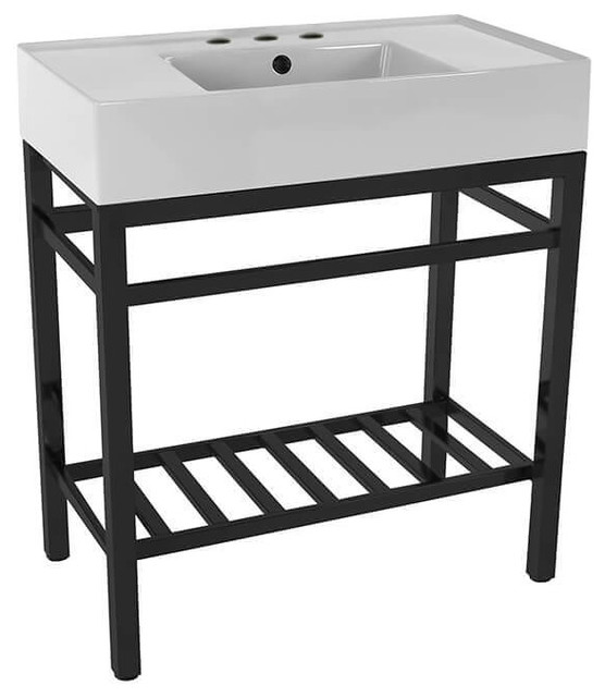 Modern Ceramic Console Sink With Counter Space and Matte Black Base