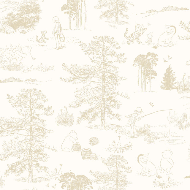 Beige Winnie The Pooh Toile Peel & Stick Wallpaper Transitional