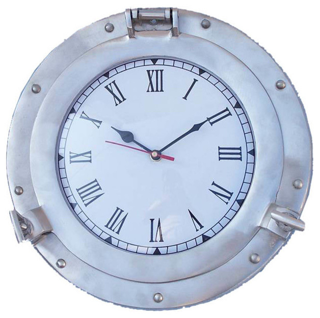 Brushed Nickel Deluxe Class Porthole Clock 12'', Nuatical Wall Clock