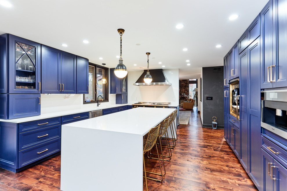 Navy Elegance Kitchen With Waterfall Island